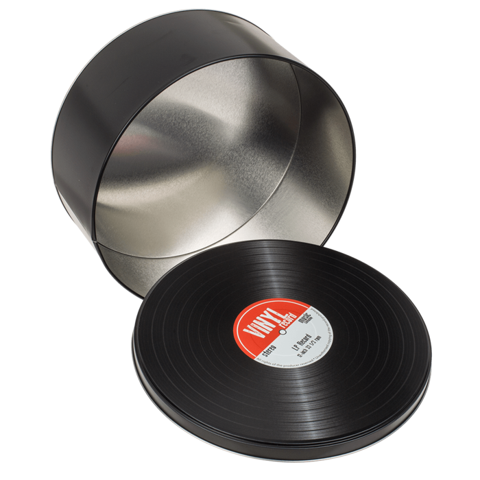 Metal boxes, styled as vinyl records in a retro atmosphere, with the option of engraving personalization