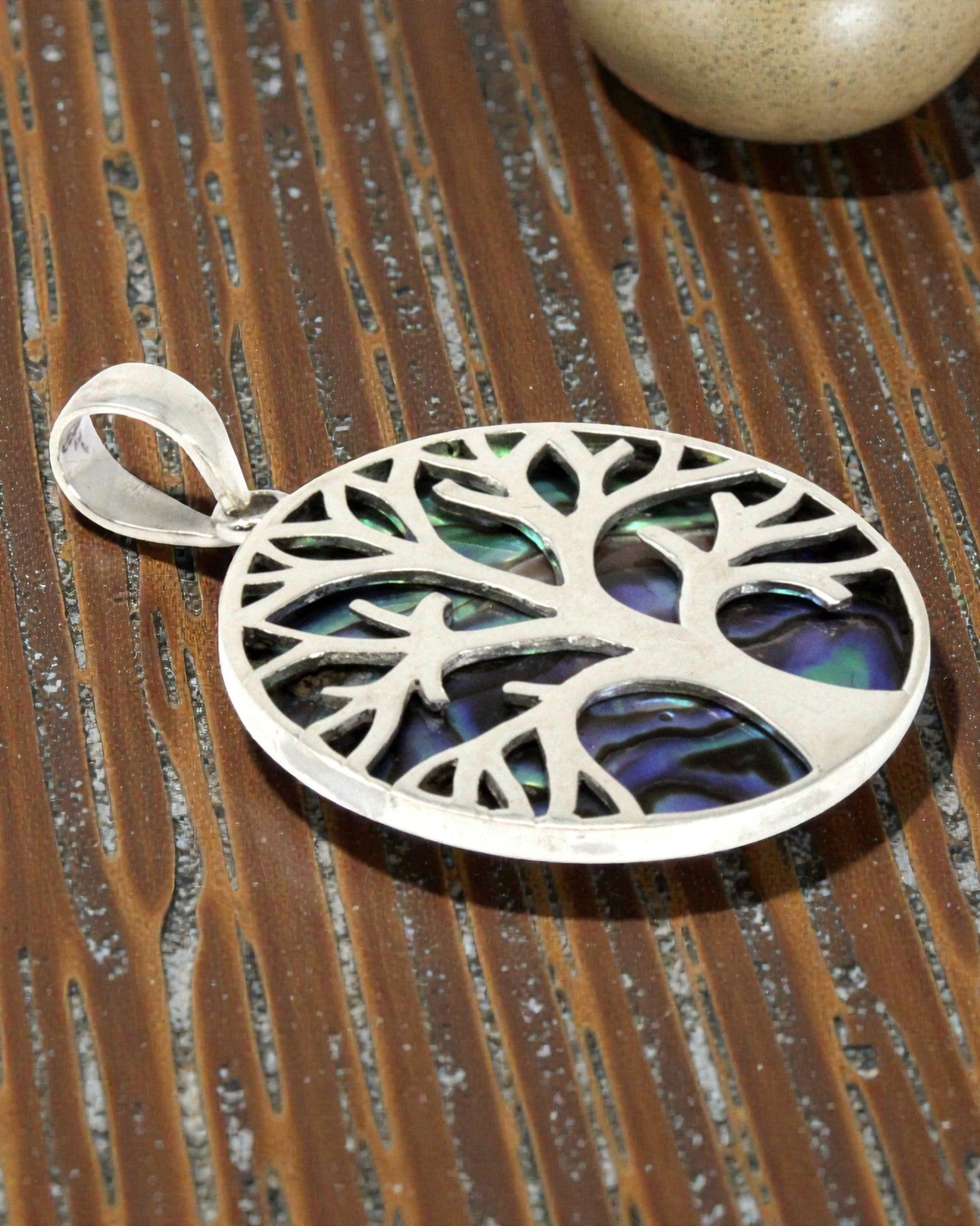 Silver Tree of Life Pendant 30 mm – Abalone Ocean Glow