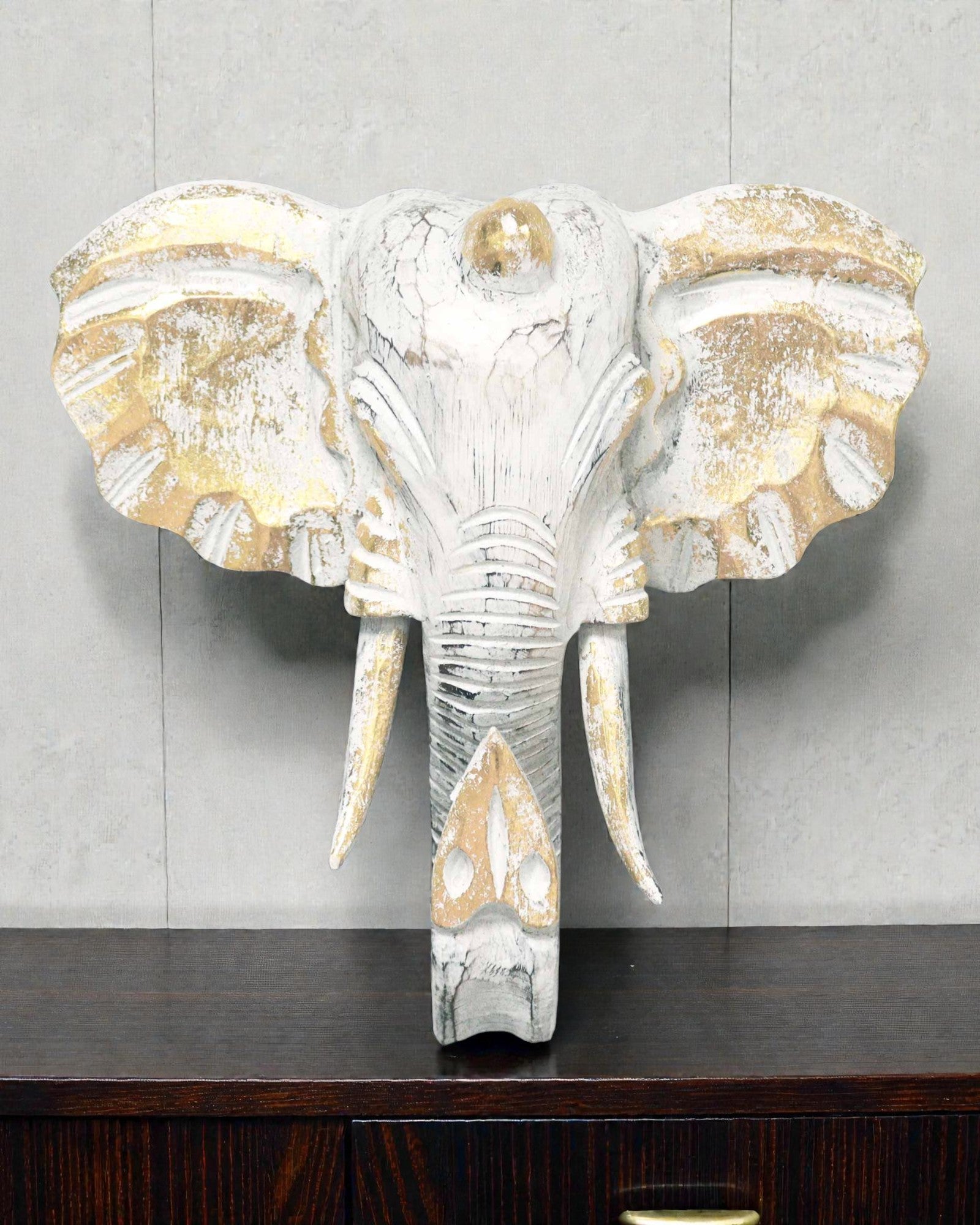 Large Elephant Head 29x26 cm – White and Gold